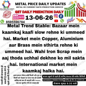 Metal scrap market update graphic showing stable trends in copper, aluminium, and brass scrap prices, with expectations of slow trading activity in the bazaar.